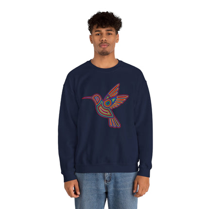 Vibrant geometric hummingbird design inspired by Huichol indigenous art.