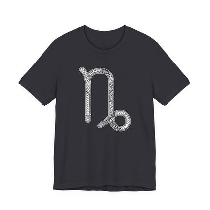 Intricate Capricorn zodiac symbol graphic on a black unisex t-shirt.