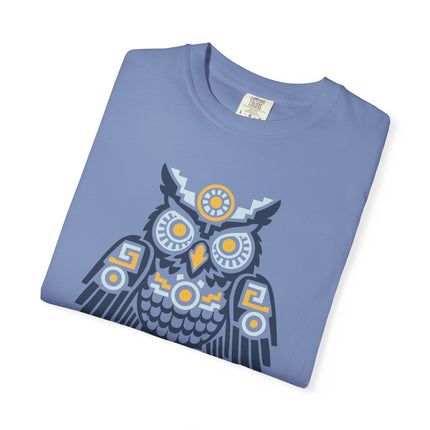 Aztec Owl T-Shirt | Rust Red Geometric Bird with Gold Eye Details Tee