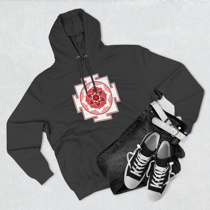 Black hoodie featuring the red Kamala Yantra, a sacred geometry symbol of Hindu goddess divinity.