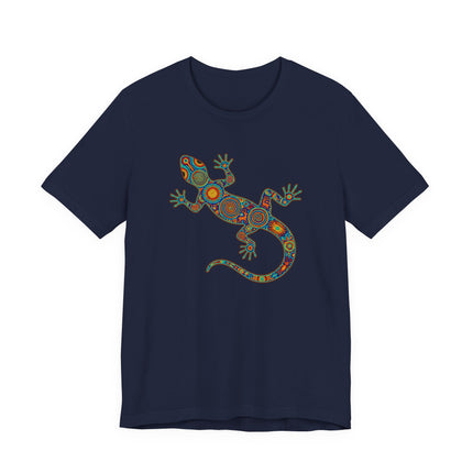 Colorful Huichol lizard graphic tee featuring vibrant Mexican indigenous folk art design.