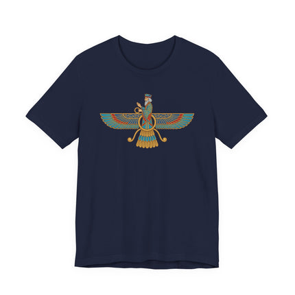 Zoroastrian Faravahar winged symbol graphic tee featuring ancient Persian mythology.