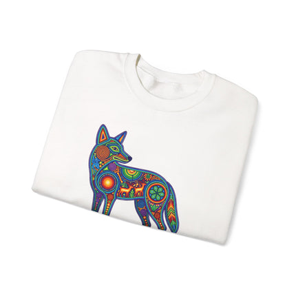 Vibrant Huichol coyote symbol on a sweatshirt, featuring colorful Mexican folk art animal design.