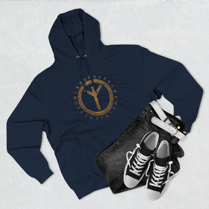 Navy hoodie featuring the Algiz rune and Elder Futhark rune circle design.