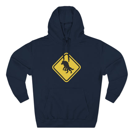 Yellow warning sign graphic featuring a werewolf silhouette.