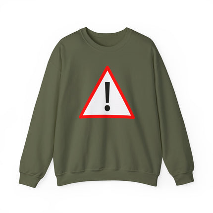 Olive green sweatshirt featuring a red caution triangle and exclamation mark graphic print.