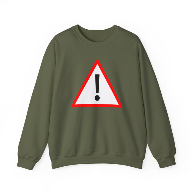 Olive green sweatshirt featuring a red caution triangle and exclamation mark graphic print.