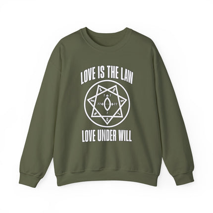 Love Is The Law occult hexagram sweatshirt featuring Thelema symbols and esoteric text.