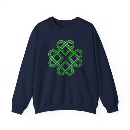 Green Celtic knot clover design on a navy sweatshirt.