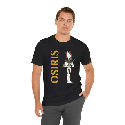 Osiris Egyptian god graphic and name on a black t-shirt.