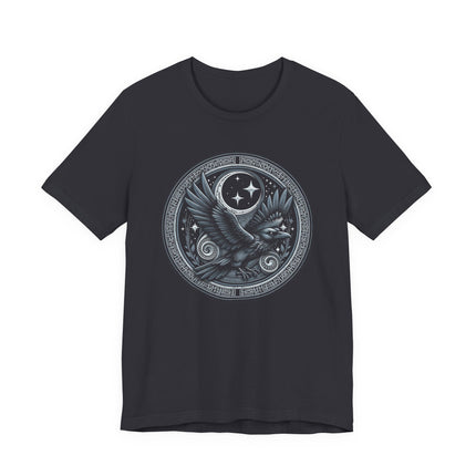 Norse raven graphic t-shirt featuring Celtic knotwork and Viking mythology symbols in a circular design.
