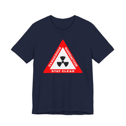 Dark t-shirt featuring a red radioactive warning triangle and nuclear hazard symbol with "Stay Clear.