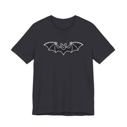 Minimalist bat outline graphic tee on a black t-shirt.