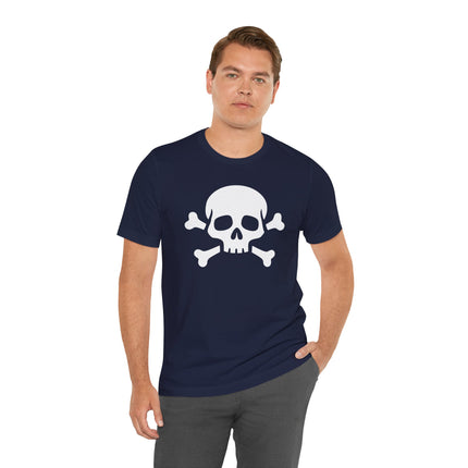 Navy t-shirt featuring a bold white skull and crossbones graphic design.