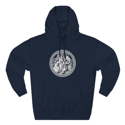Norns of Norse mythology weaving fate, intricate circular design symbolizing destiny.