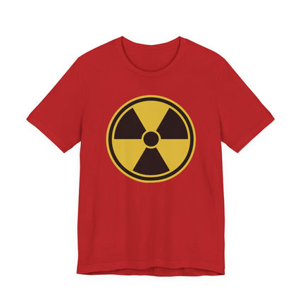 Red t-shirt featuring a yellow and black radioactive hazard symbol graphic.