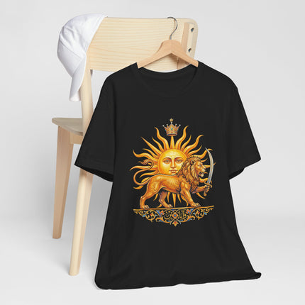 Black t-shirt with the golden Persian Lion and Sun (Shir-o-Khorshid) emblem.