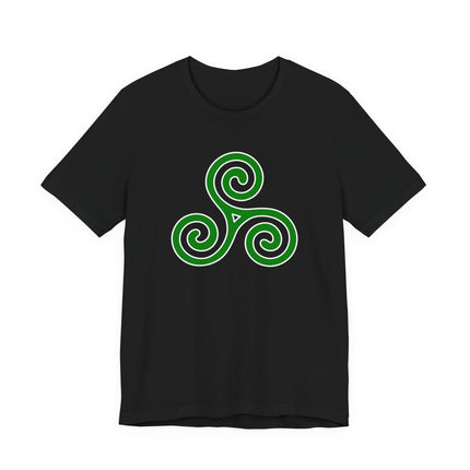 Green Celtic Triskelion symbol on a black t-shirt. Triple spiral knotwork design.
