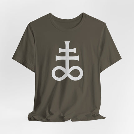 Graphic tee featuring the Leviathan Cross and esoteric alchemy symbol.