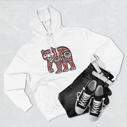 Pacific Northwest tribal bear formline art graphic on a white pullover hoodie.