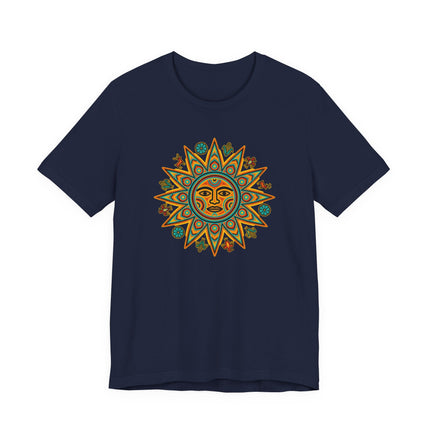 Huichol sun face graphic on a navy tee, featuring vibrant indigenous Mexican folk art and cultural symbolism.