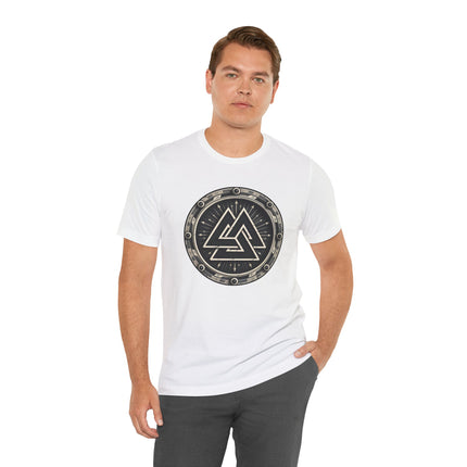 White t-shirt featuring a circular Norse Asgard Valknut symbol graphic design.