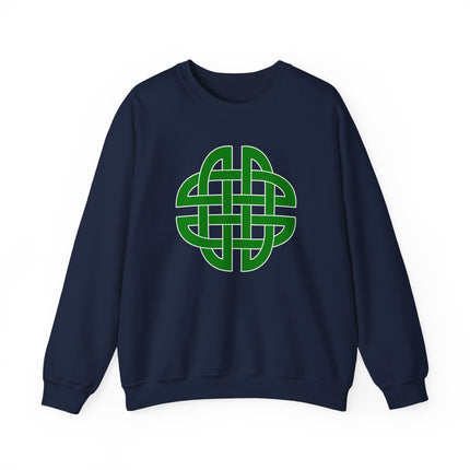 Green Celtic knotwork design graphic on a dark sweatshirt.