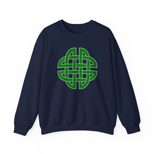 Green Celtic knotwork design graphic on a dark sweatshirt.