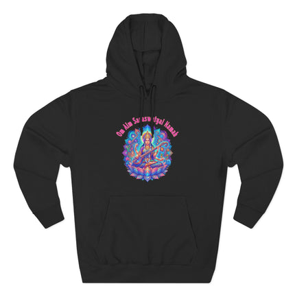Saraswati Goddess and Om Aim Saraswatyai Namah mantra mandala art on black spiritual hoodie.
