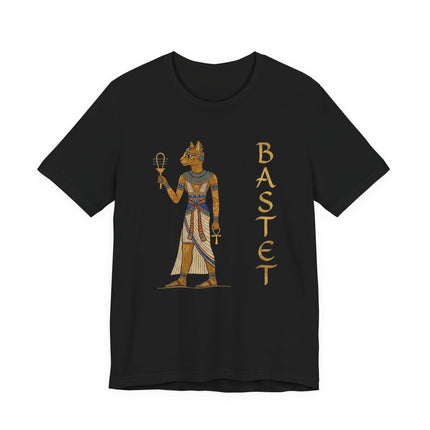 Bastet Egyptian goddess t-shirt design featuring the cat deity, ankh, and vertical name.