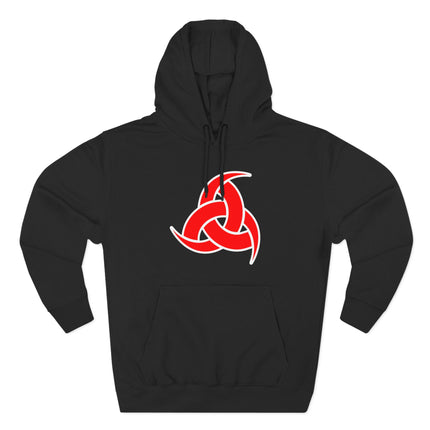 Odin's Horns Norse knot symbol on a black hoodie, featuring a red Viking graphic design.