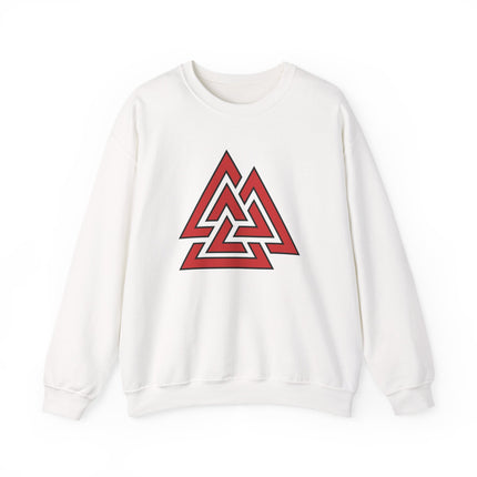 Red Valknut Norse symbol graphic on a unisex Viking pullover sweatshirt.