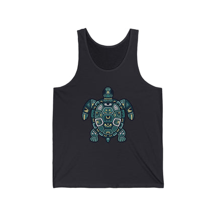 Geometric Mayan tribal sea turtle graphic on a black tank top.