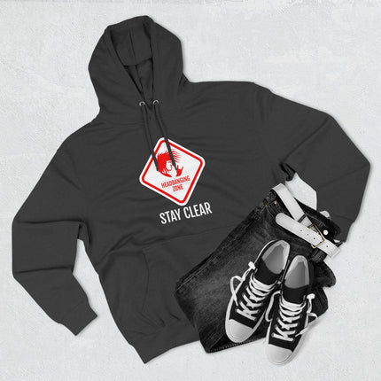 Black graphic hoodie featuring the "Headbanging Zone Stay Clear" metal rock music warning sign.