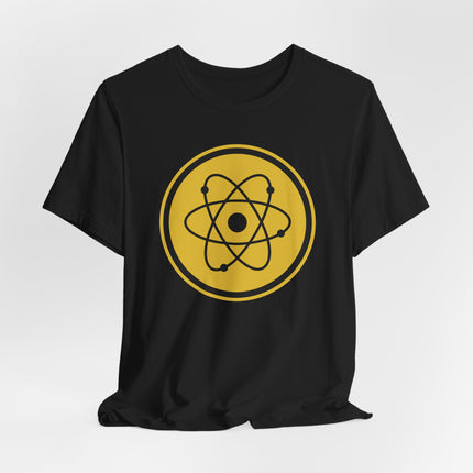 Atomic symbol graphic on a black science t-shirt. Perfect for physics and chemistry enthusiasts.
