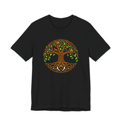 Celtic Tree of Life graphic tee. Features Yggdrasil, the World Tree knotwork design in Celtic mythology style.