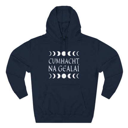 Moon phases and Irish Gaelic text on a navy hoodie. Celestial design featuring "Cumhacht na Gealáí" (Power of the Moon).