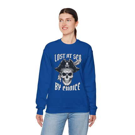 Lost At Sea By Choice pirate skull graphic sweatshirt. Blue nautical apparel for adventure.