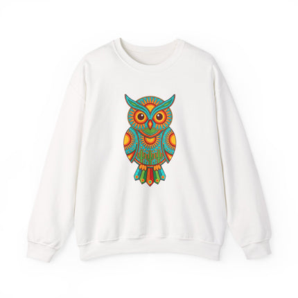 Vibrant Huichol Mexican folk art owl graphic on a white unisex sweatshirt.