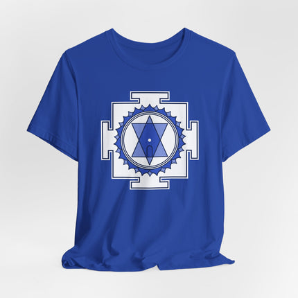 Tripura Sundari Yantra sacred geometry Hindu goddess graphic tee on a royal blue t-shirt.