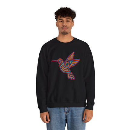 Vibrant geometric hummingbird graphic on a black sweatshirt, inspired by indigenous art.