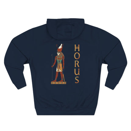 Horus Egyptian god graphic print on a navy blue mythology hoodie.