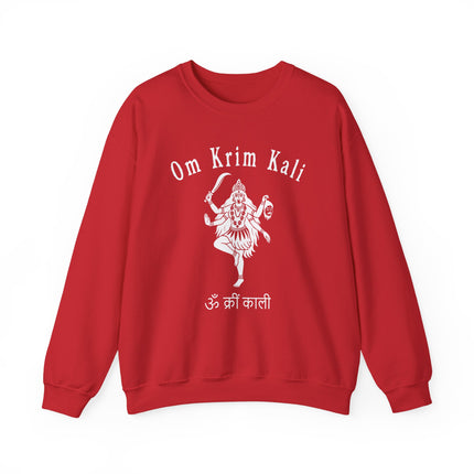 Spiritual Goddess Kali Om Krim mantra art on red unisex pullover. Features Hindu deity graphic.
