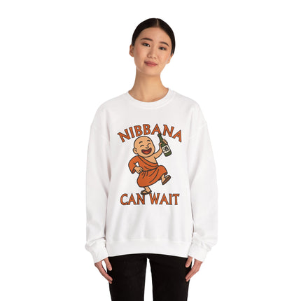 Nibbana Can Wait sweatshirt graphic featuring a cartoon Buddhist monk drinking a can.