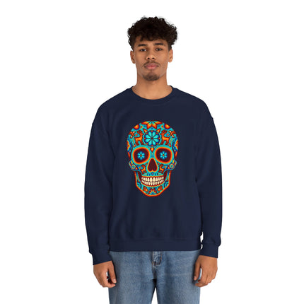 Colorful Day of the Dead calavera skull graphic on a navy blue unisex sweatshirt.