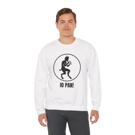IO PAN! Pan satyr silhouette graphic on a white unisex sweatshirt featuring Greek mythology art.