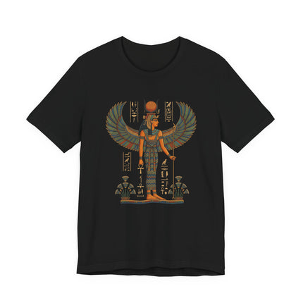Isis Egyptian goddess graphic tee featuring wings, sun disk, and ancient Egyptian mythology symbols.