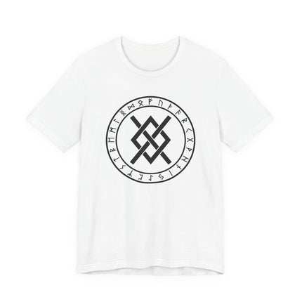 Norse rune circle t-shirt featuring a stylized Gungnir spear symbol and Viking knot design.