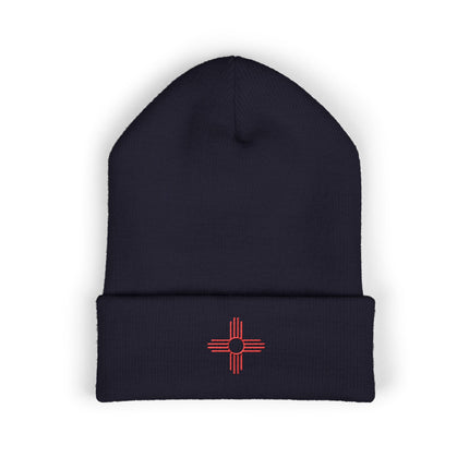 Zia Sun Embroidered Cuffed Beanie with Red Four-Direction Symbol