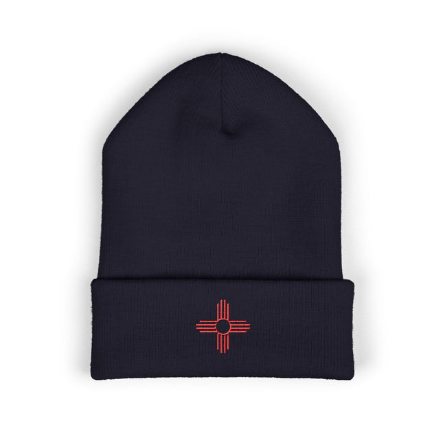 Zia Sun Embroidered Cuffed Beanie with Red Four-Direction Symbol